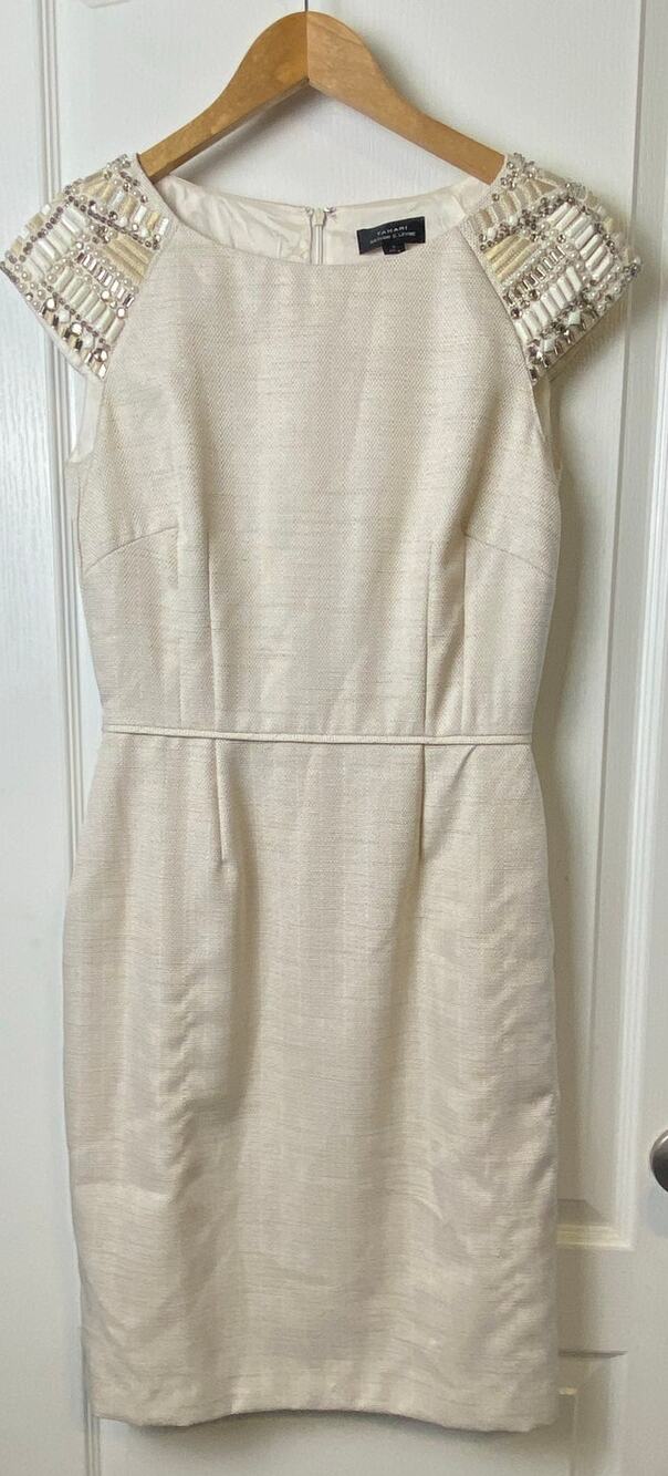 Tahari Arthur Levine Cream Beaded Cap Sleeve Knee Length Dress Women's Size 6